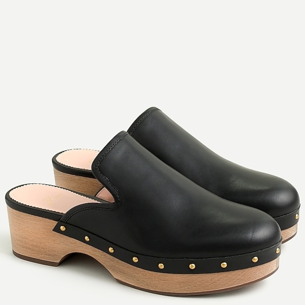 J. Crew Black Leather Mules with Gold Studs